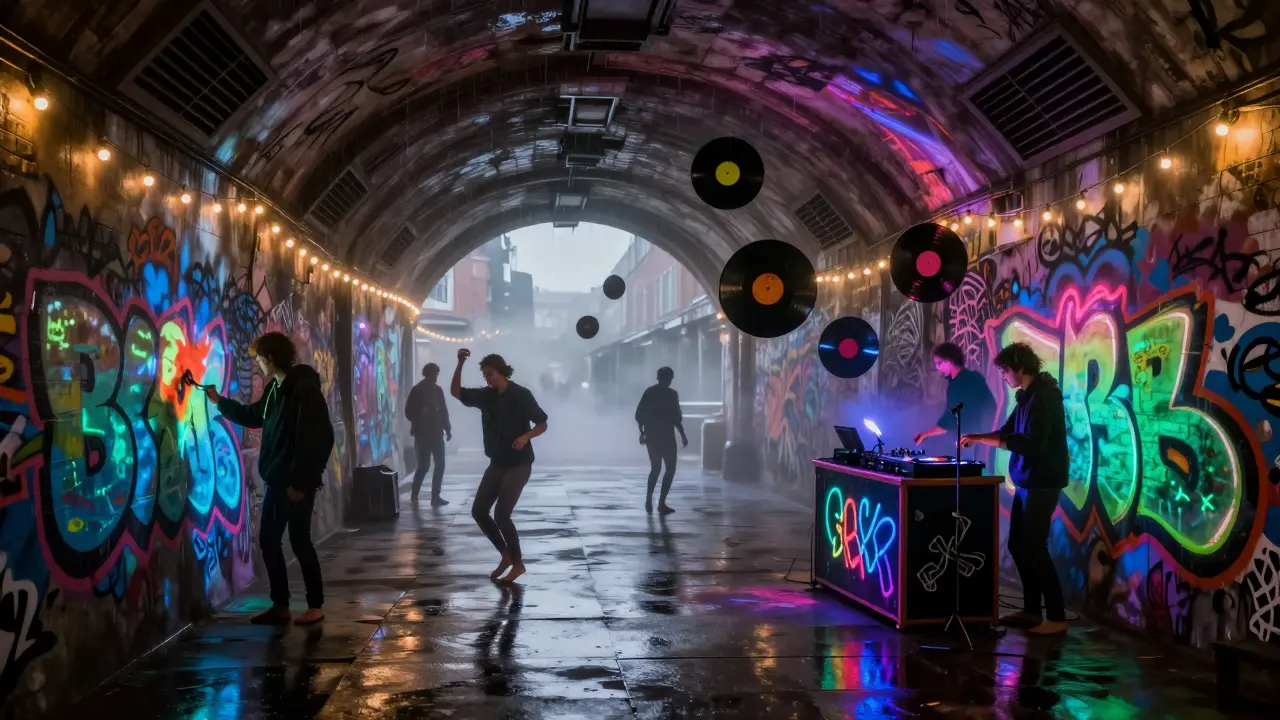Glowing graffiti fills Leake Street Tunnel as a DJ spins vinyl and rain falls gently under the dim dawn light.
