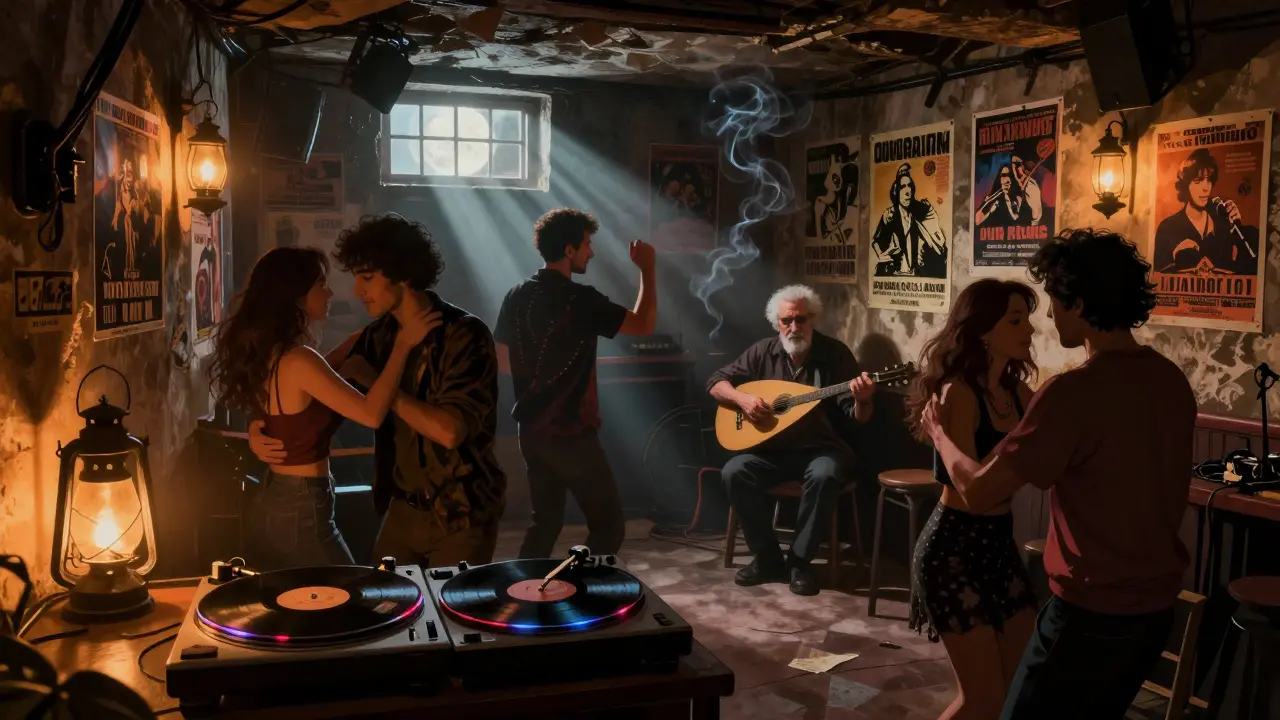 Hidden basement club with vinyl records, dim lantern light, and musicians playing oud in a shadowy Turkish rock scene.
