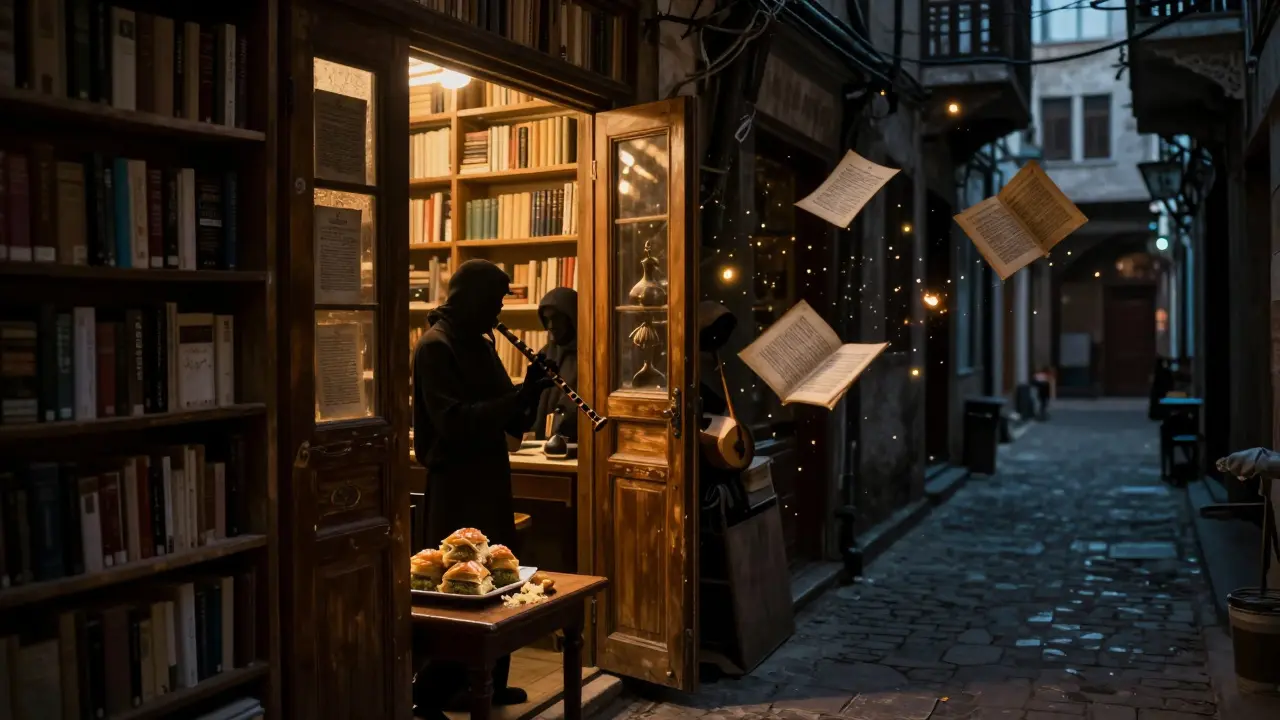 Hidden music venue glowing in an alley behind a bookshop, surrounded by floating pages.