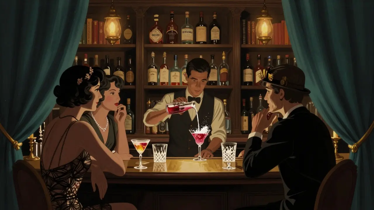 Hidden speakeasy bar with candlelit cocktails, vintage bottles, and elegant patrons in a bookshop-turned-lounge.