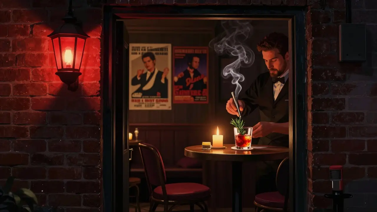 Hidden speakeasy with red lantern, bartender mixing a cocktail among vintage posters.