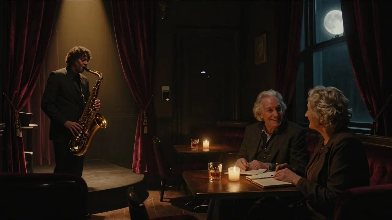 Intimate jazz lounge with velvet curtains and a saxophonist under soft candlelight.
