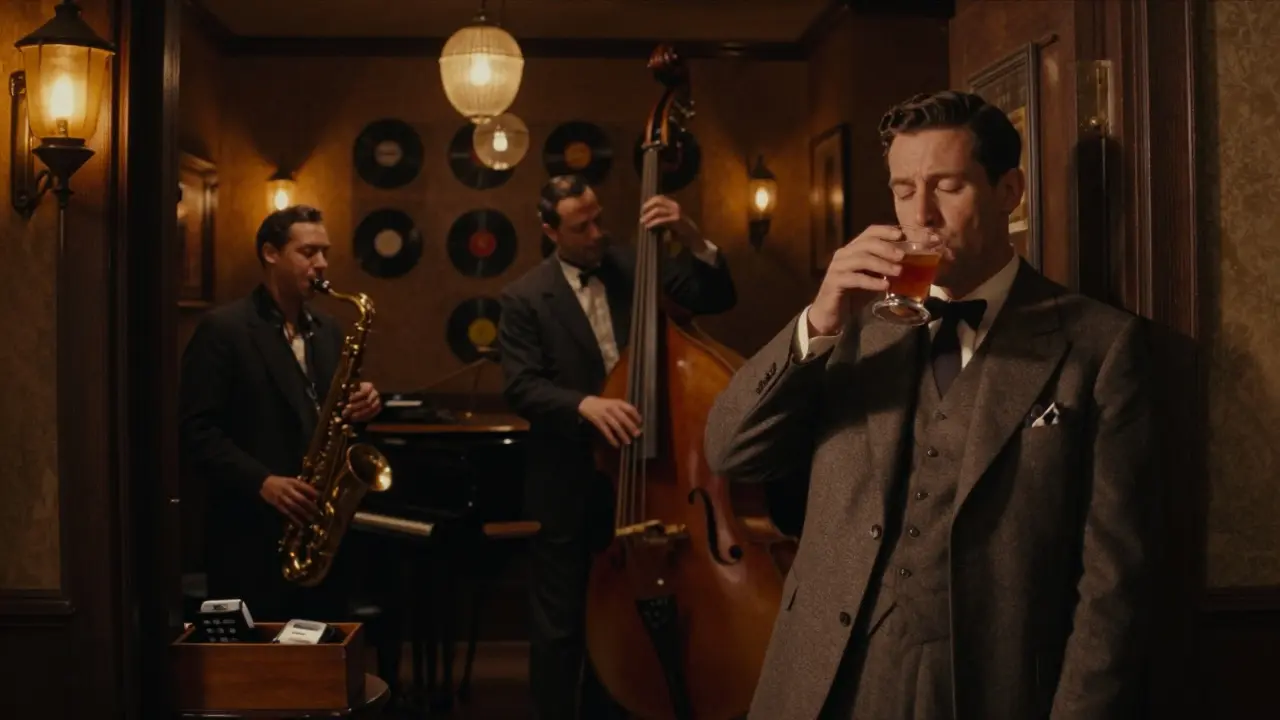 Intimate jazz lounge with vintage decor, musicians playing under amber lights, phones collected at entrance.