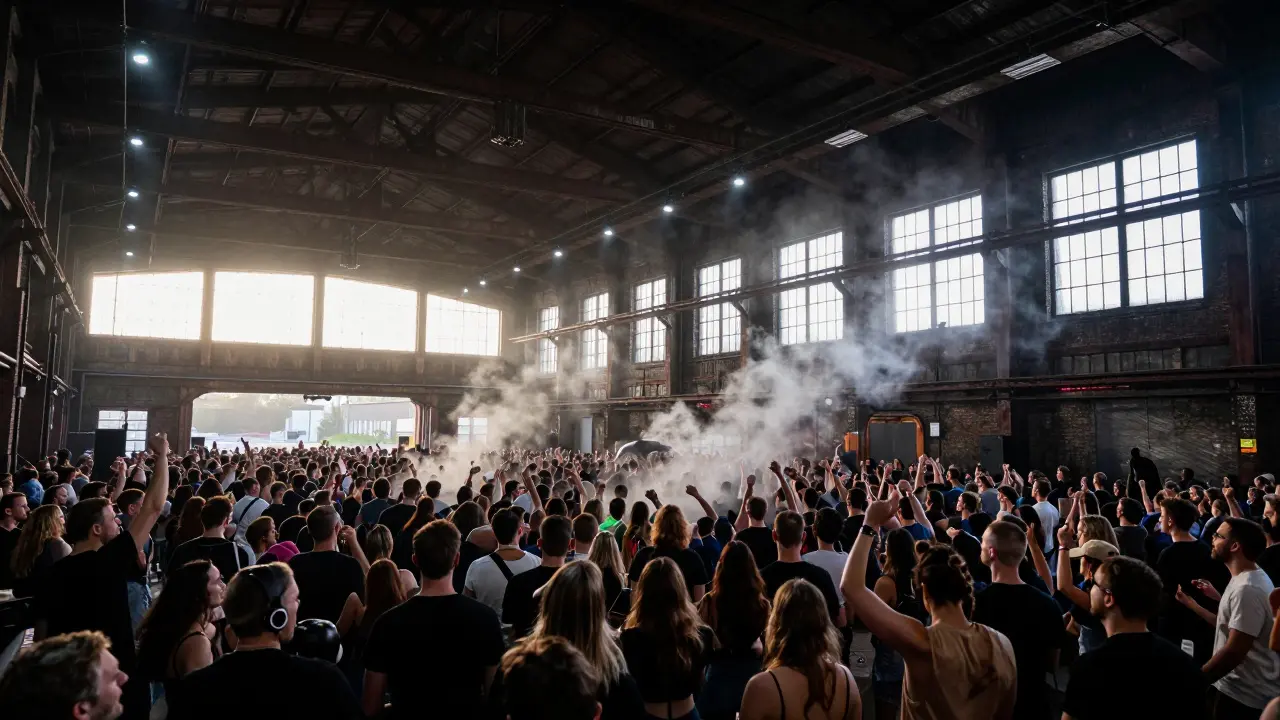 Massive industrial warehouse filled with dancers at dawn, bass vibrations visible in the air, morning light filtering through high windows.