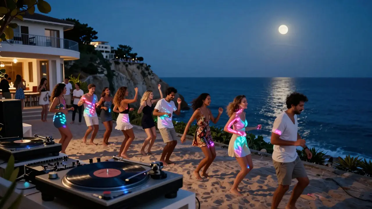 Nighttime beach club on a cliff under the moon, crowd dancing to invisible music with dynamic colored lights reflecting on the sea.