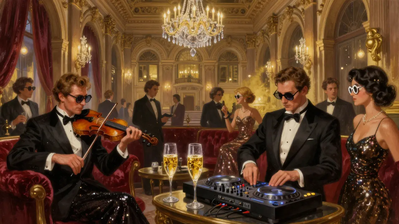 Opera-goers at an elegant afterparty mixing classical and disco music under crystal chandeliers.