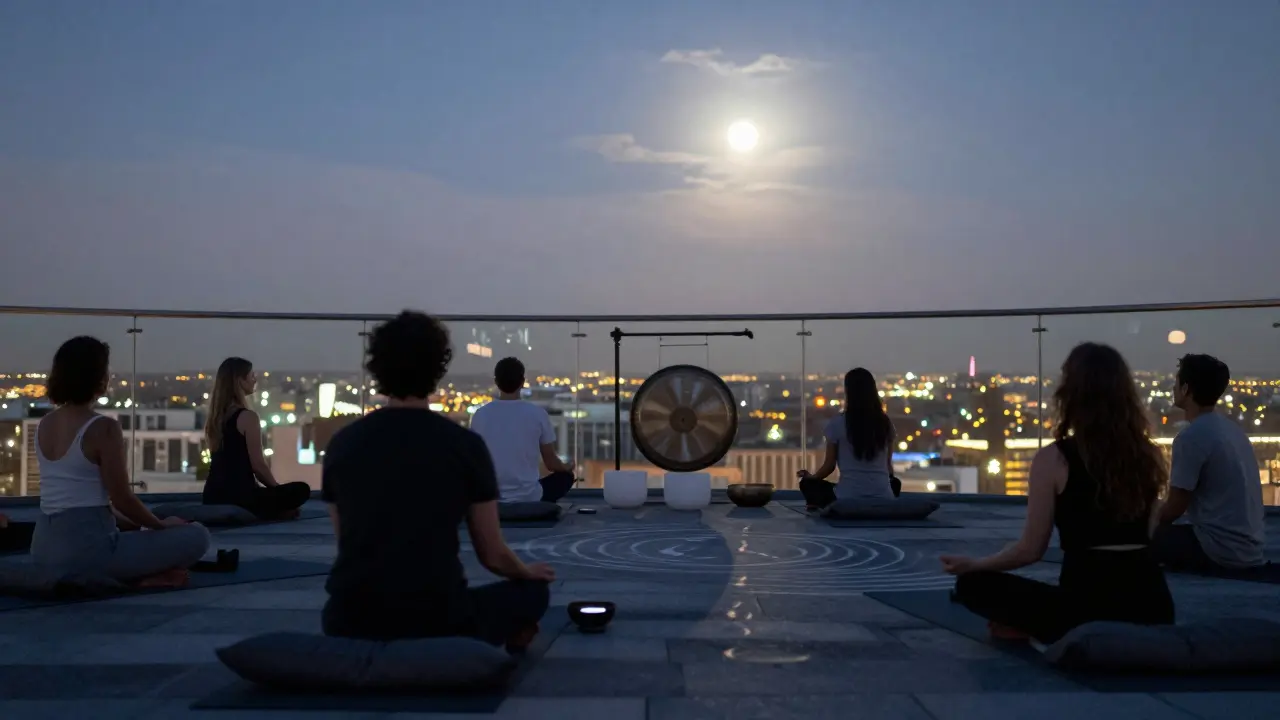 People meditating under the night sky at Sky Garden, city lights glowing below.