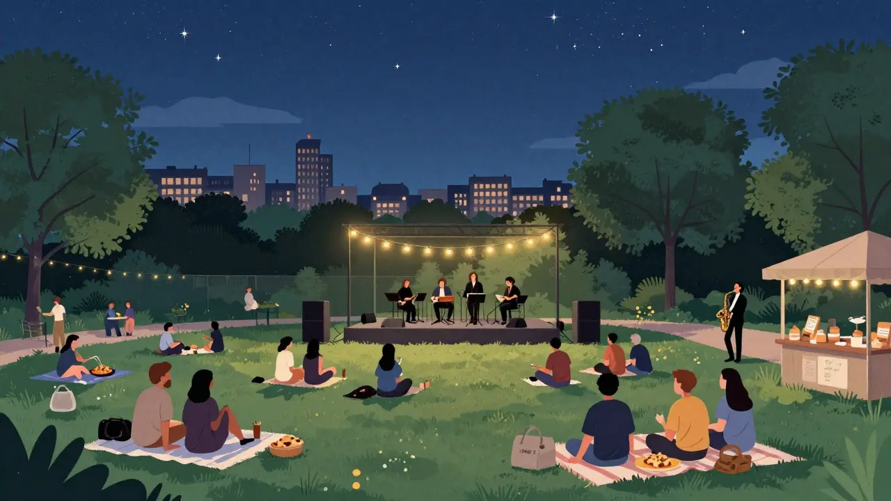 People relaxing on blankets at a free outdoor concert under Parisian stars with city lights in the distance.