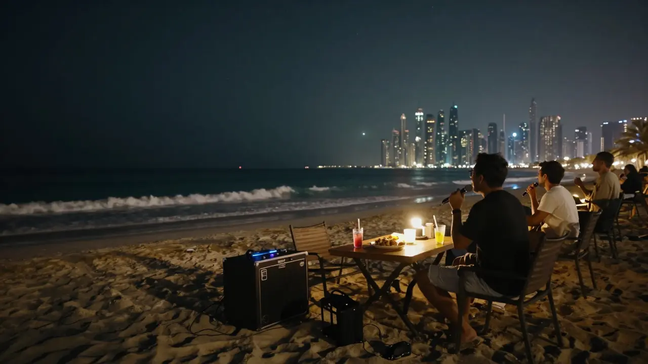 People singing karaoke on the beach at night with the Dubai skyline behind them under stars.