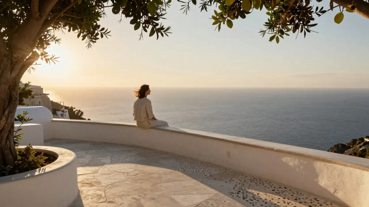 Person sitting calmly on a cliffside terrace at golden hour, overlooking the Mediterranean with greenery and stone.