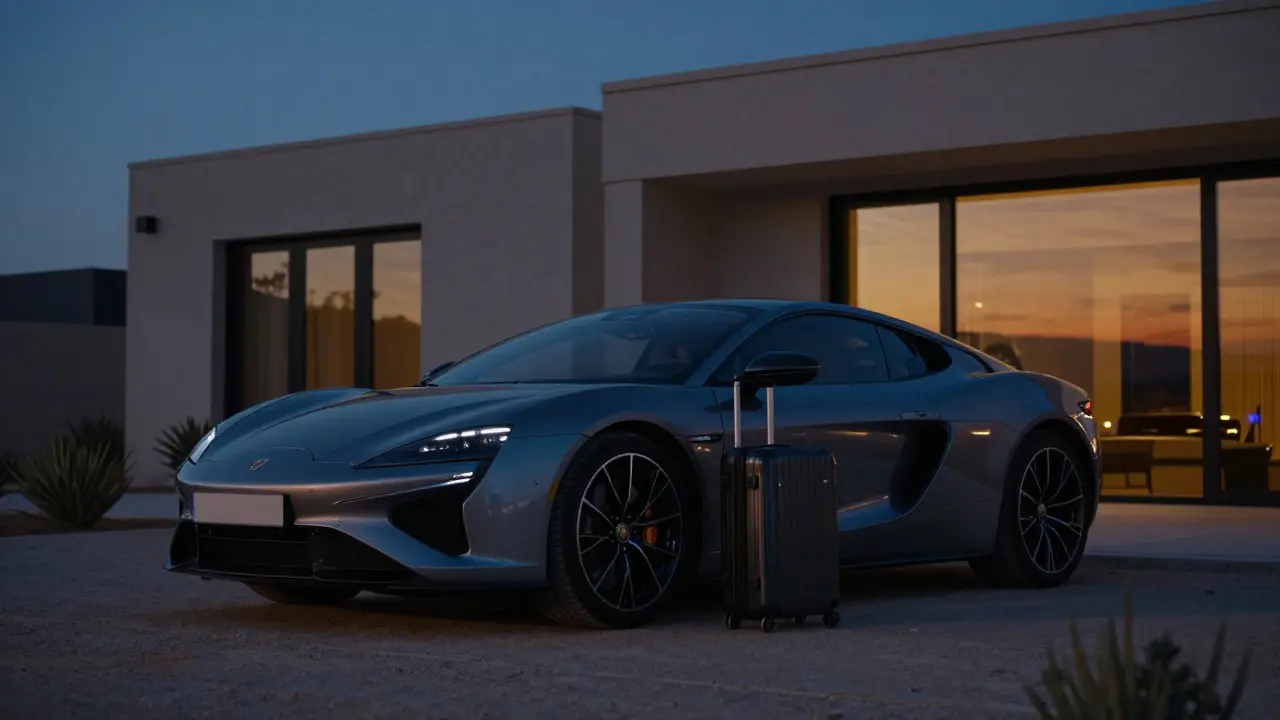 Private luxury car parked outside a secluded villa at dusk, no people visible.