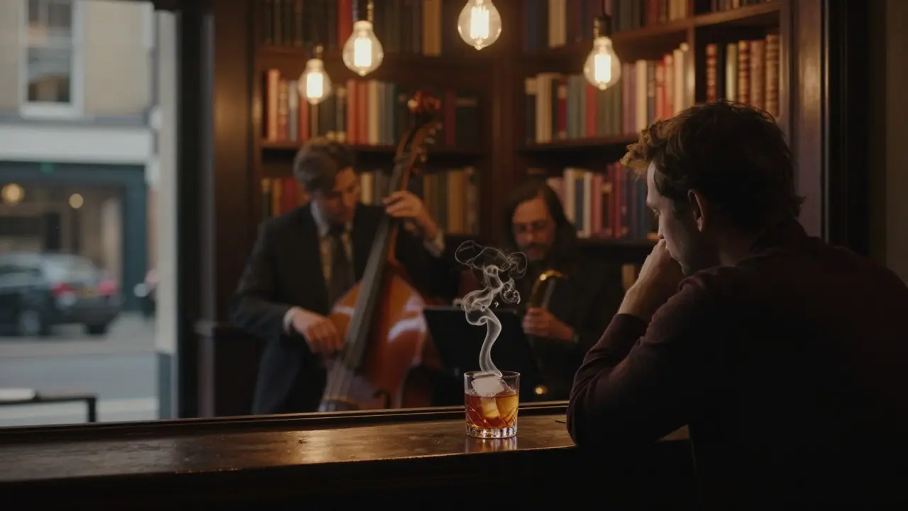 Quiet jazz speakeasy with a single drinker, warm lighting, and soft music.