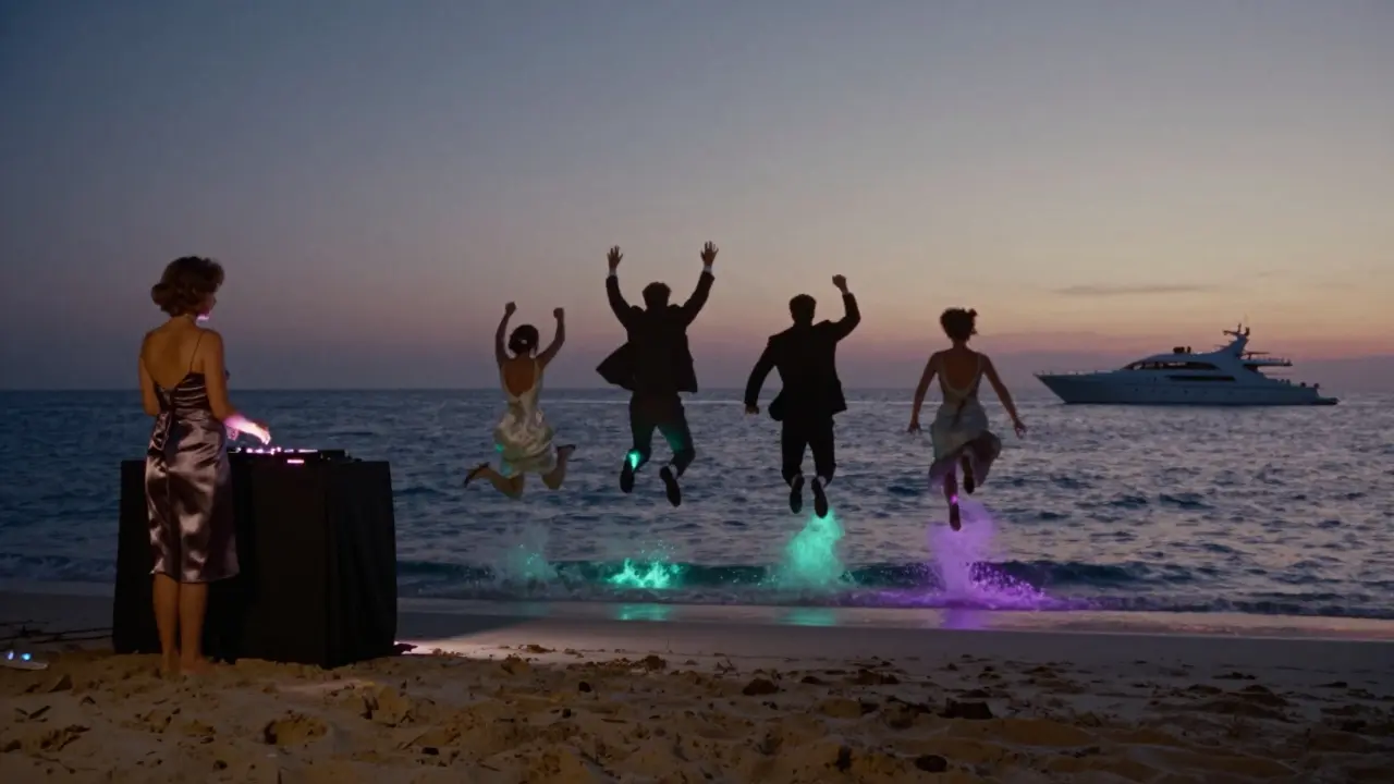 Revellers jumping into the sea at Plage de la Rascasse at sunrise, underwater lights glowing as the DJ booth rises from the sand.