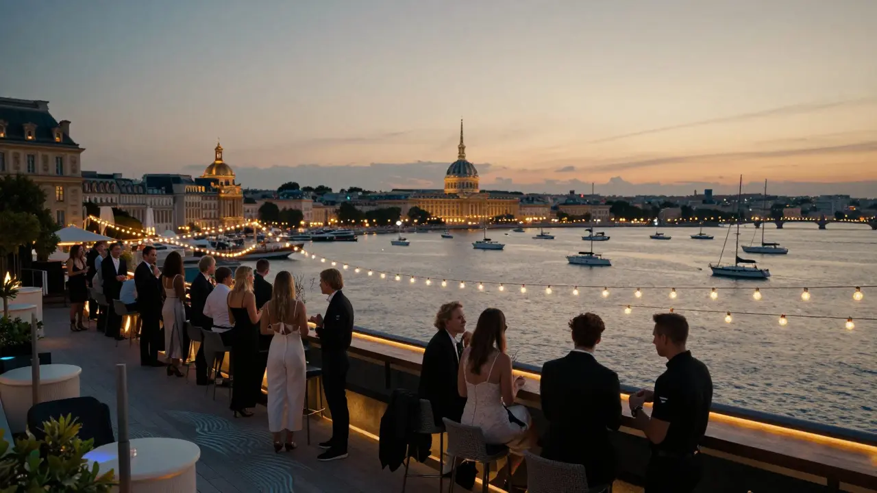 Rooftop bar overlooking a glittering harbor at dusk, guests in formal attire enjoying the view under string lights.