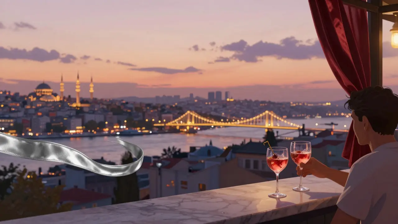 Rooftop bar overlooking the Bosphorus at sunset with cocktails and city lights.