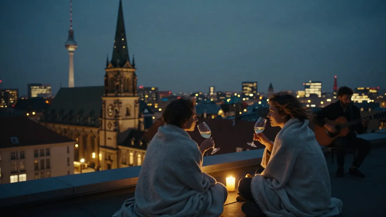 Rooftop dinner at St. Peter with city lights and cozy blanket under dusk sky.