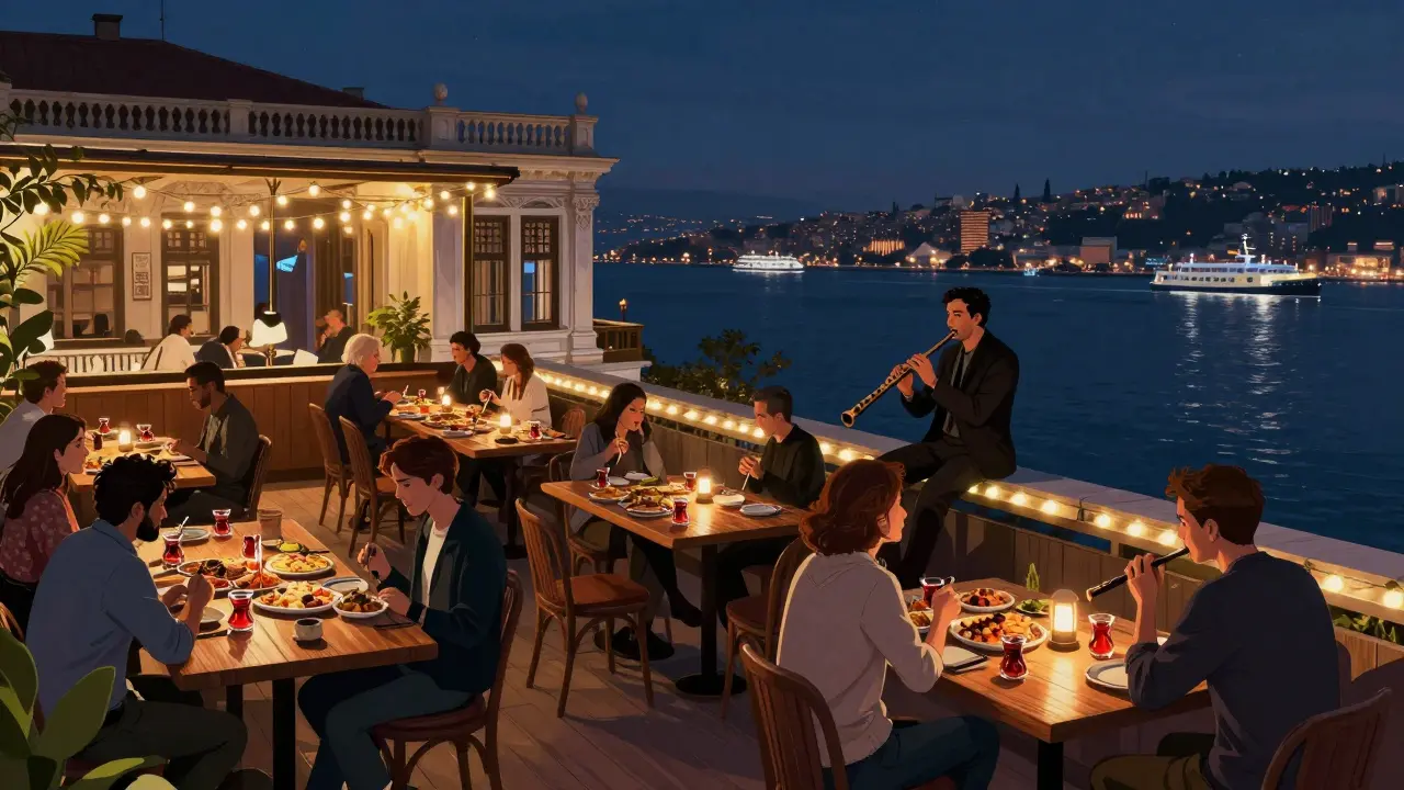 Rooftop garden at night with a ney flute player, shared meze, and glowing Bosphorus lights below.