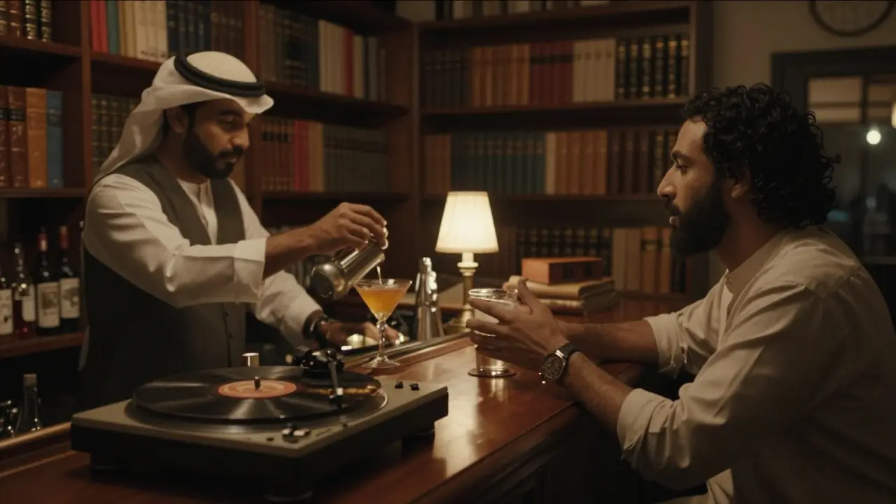 Secret library bar with bookshelves and bartender mixing drinks, warm lamplight, vinyl record playing in the background.