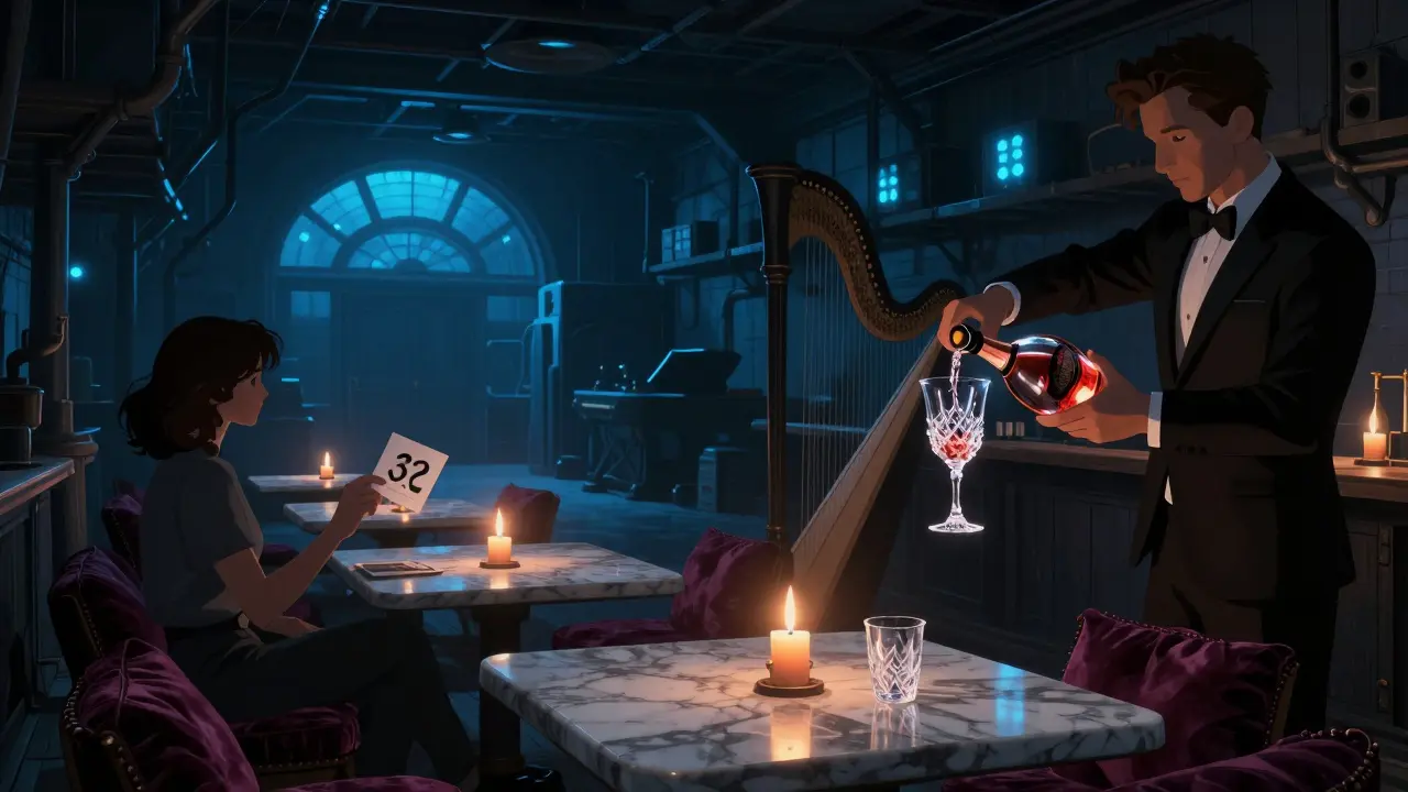 Secret members-only lounge with candlelight, velvet cushions, and a bartender pouring champagne from a crystal flute in near-darkness.