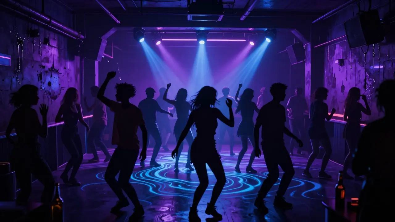 Silhouetted dancers move in unison under strobing lights inside the underground club Fabric, surrounded by concrete walls.