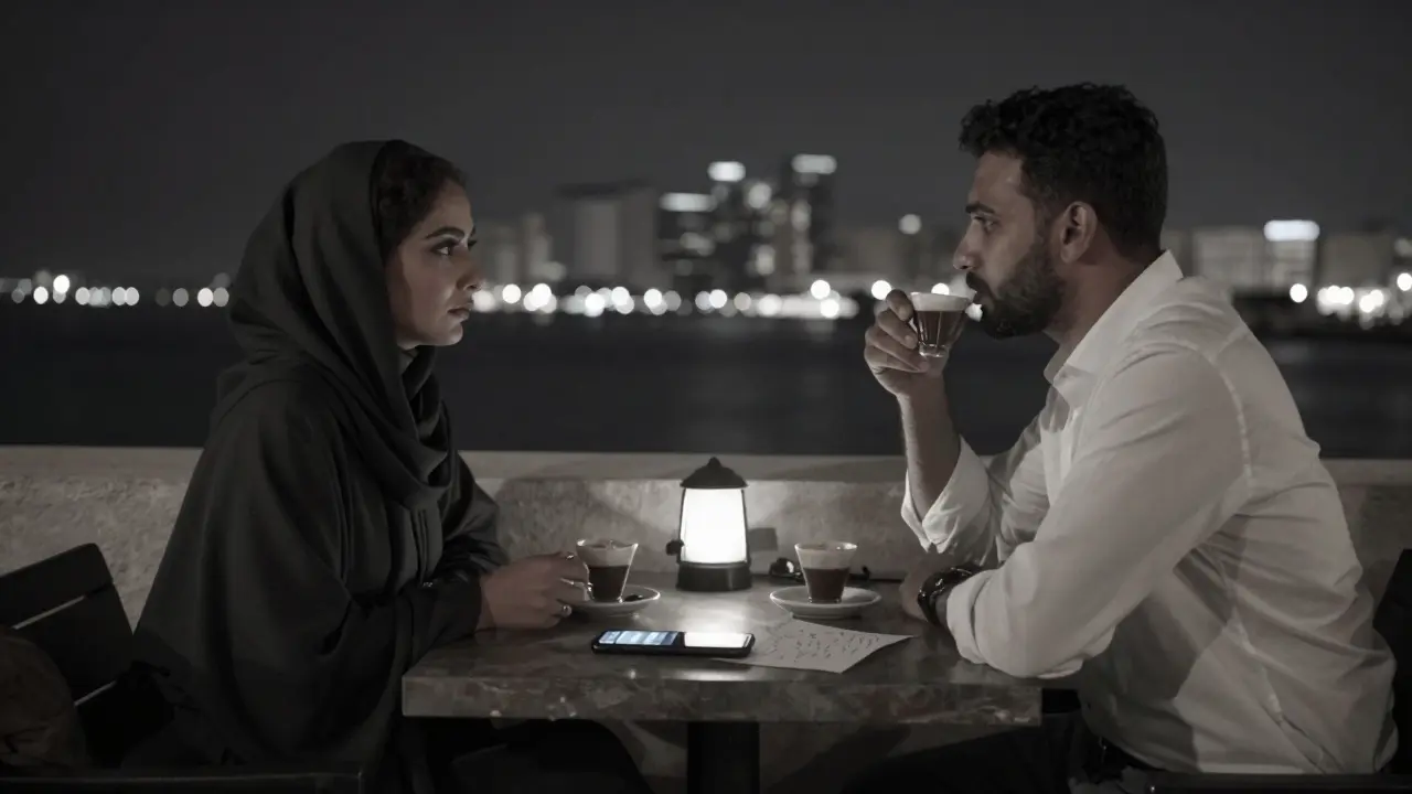 Silhouettes of a man and woman sharing coffee on a rooftop lounge overlooking Abu Dhabi's city lights.