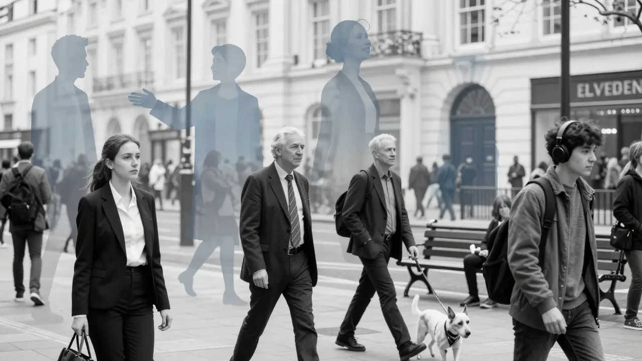 Silhouettes of companionship subtly overlaid on lonely individuals in a crowded London street.