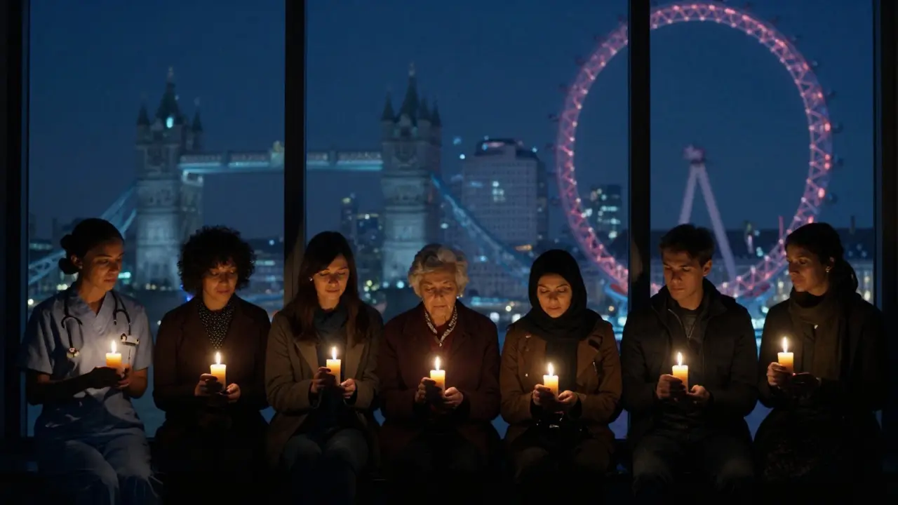 Silhouettes of diverse Londoners holding candles at night, symbolizing loneliness and human connection in the city.