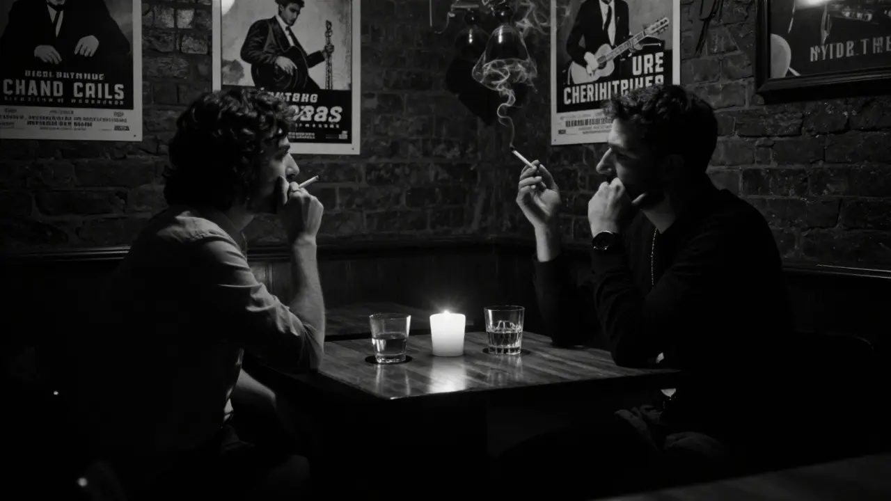 Silhouettes of two individuals in a dim jazz cellar bar, sharing silent companionship.