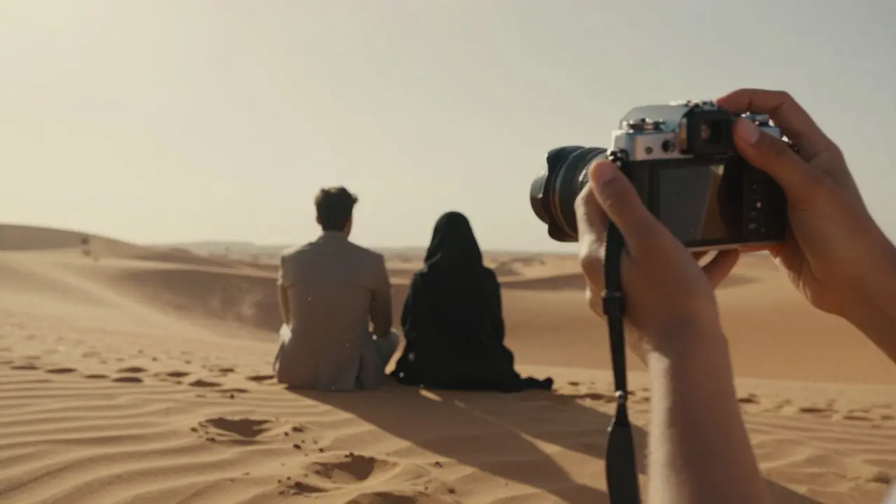 Silhouettes on a desert dune at golden hour, captured through a vintage camera.