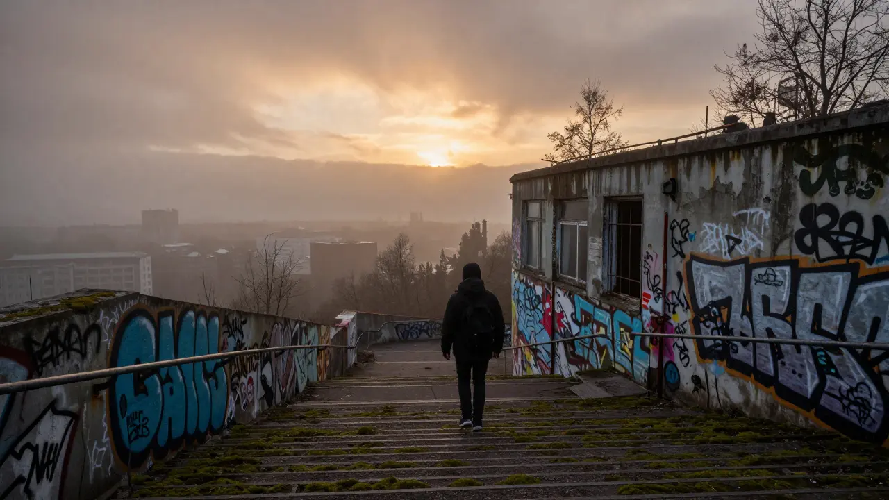 Someone ascending Teufelsberg at dusk as fog wraps around the abandoned spy station.