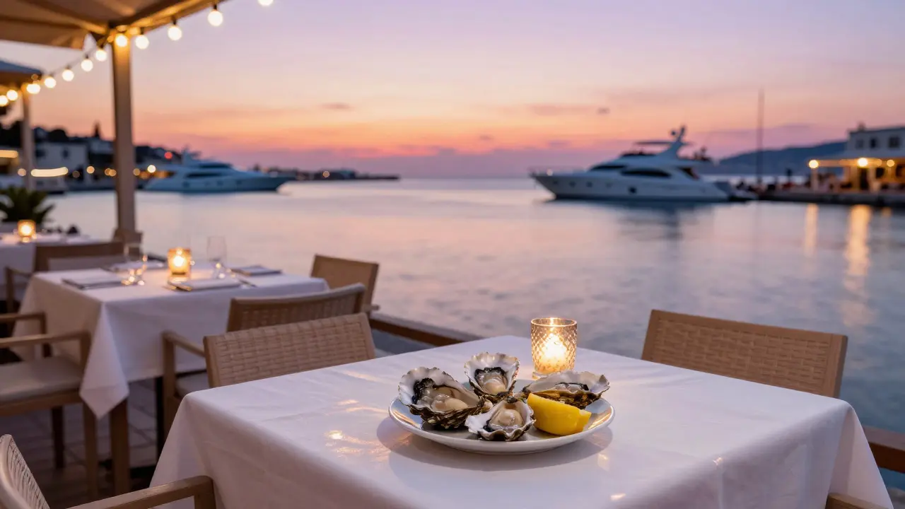 Sunset at a seaside restaurant with white tables, oysters on slate, and yachts reflecting on calm water.
