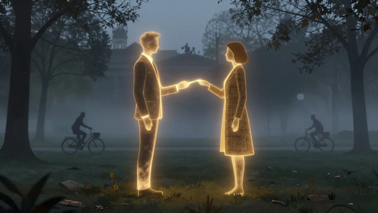 Two abstract figures connected by golden light in a misty Berlin park, symbolizing mutual respect.