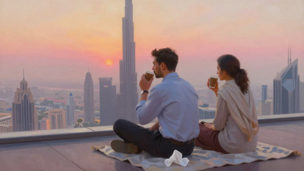 Two people sit in silence on a balcony at sunrise, watching Dubai wake up, sharing coffee and a blanket.