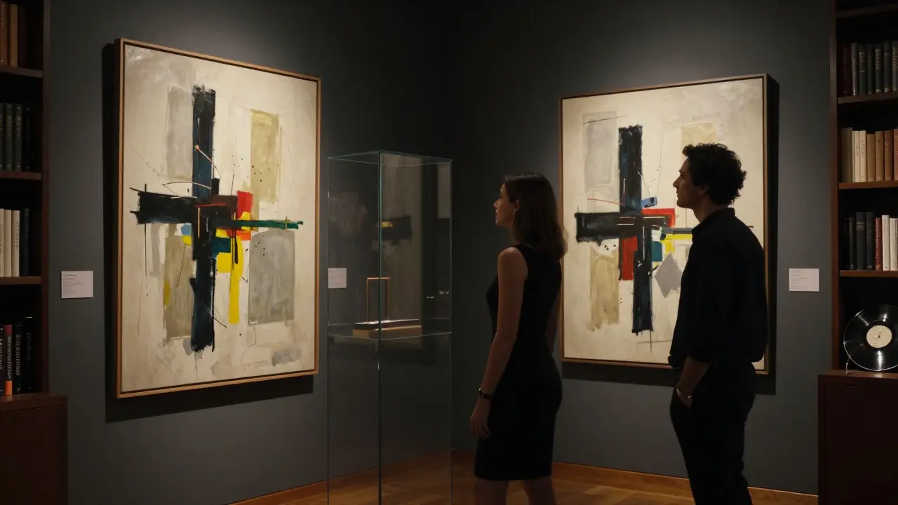 Two people viewing abstract art in a private gallery after hours, surrounded by books and soft lighting.