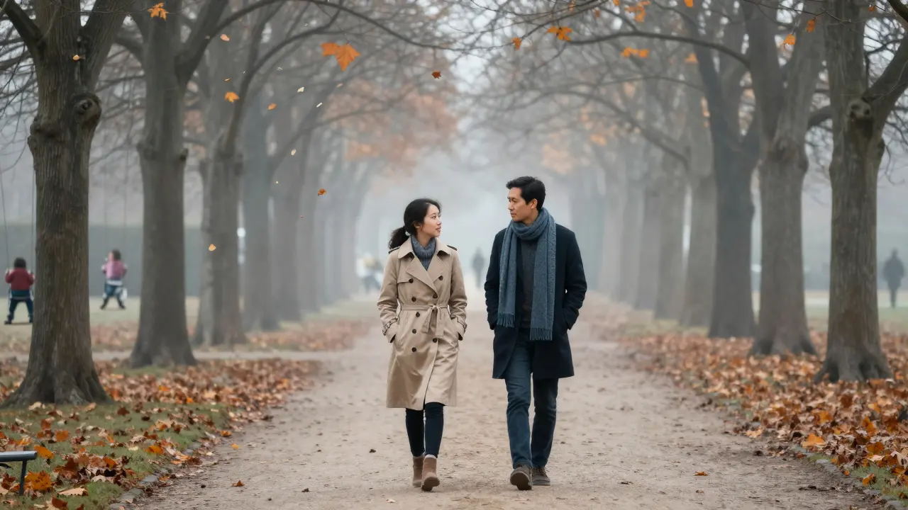 Two people walk peacefully through Luxembourg Gardens at dawn, lost in quiet conversation among falling leaves.