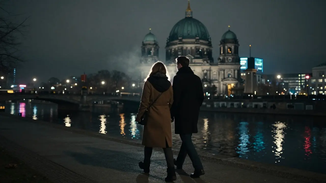 Two people walking peacefully along the Spree River at midnight, city lights reflecting on water.