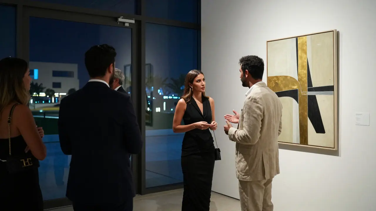 Two well-dressed individuals discussing art at a nighttime gallery opening in Abu Dhabi.