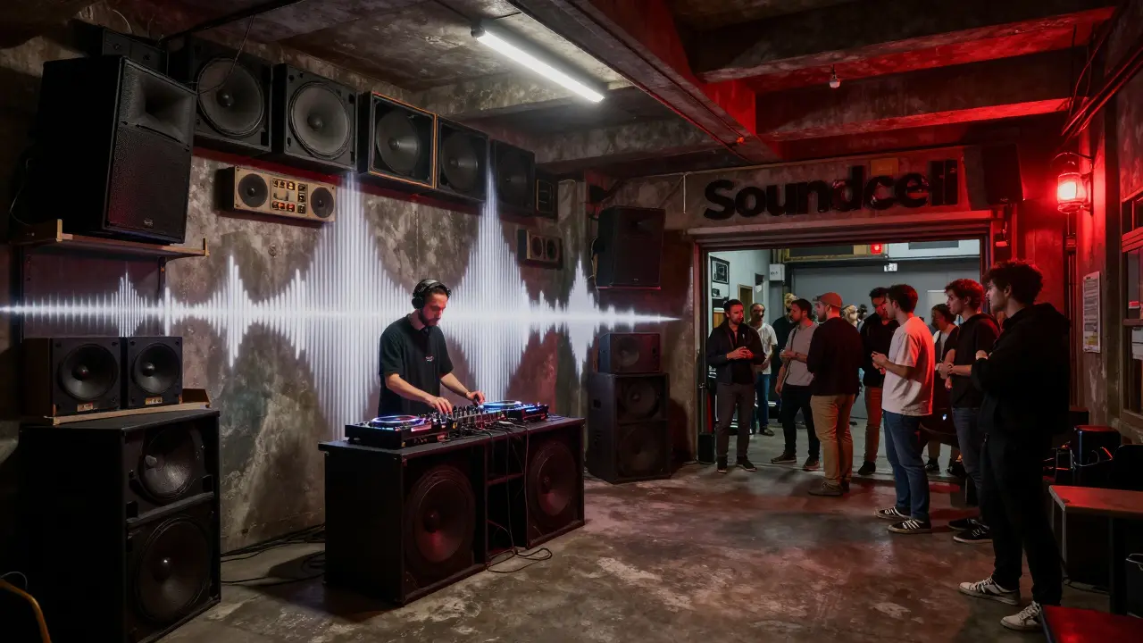 Underground venue with concrete floors and soundwaves visible, blending Turkish folk and techno beats.