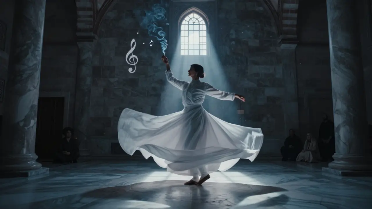 Whirling dervish in white robes under moonlight, incense smoke forming musical notes in a quiet, sacred chamber.