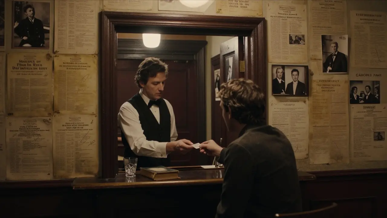 A bartender at Theatre Royal Drury Lane’s backstage bar handing a guest a drink with signed playbills covering the walls.