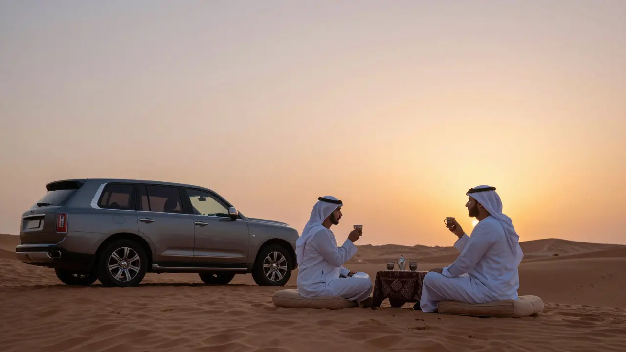 A client and escort watching a desert sunset in Al Ain, sipping coffee together in peaceful companionship.