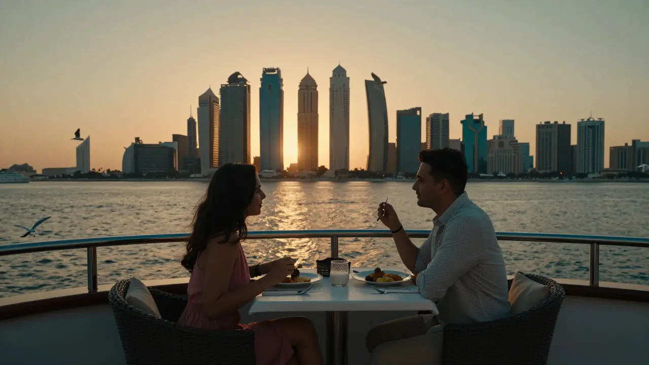 A couple dining on a private yacht at sunset along Abu Dhabi's Corniche, city skyline glowing in the distance.