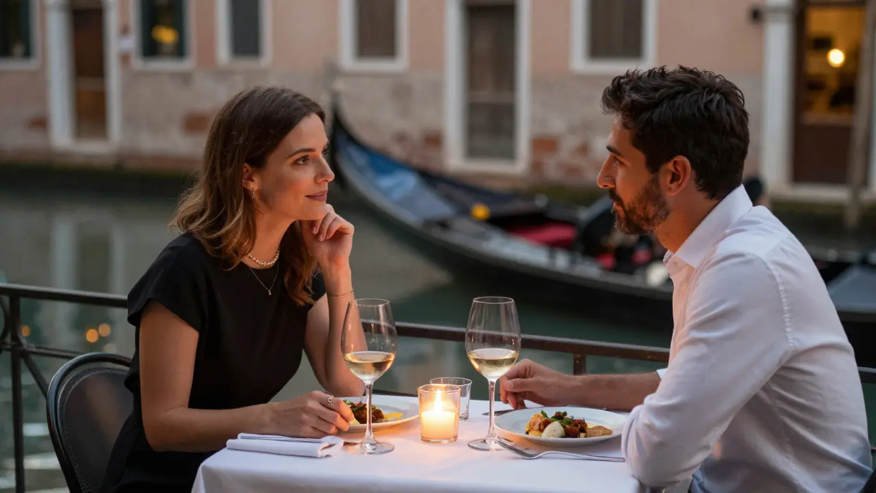 A couple enjoying a quiet dinner by the Navigli canal, focused on conversation and connection.