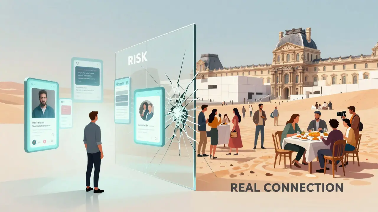 A cracked glass barrier separates digital scams from real social connections — expat meetups, cultural events, and desert tours on one side, fake ads on the other.