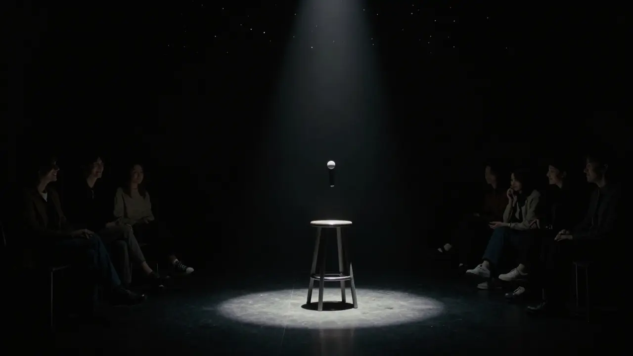 A dark comedy venue with a floating microphone and a single spotlight, audience unseen in shadow.