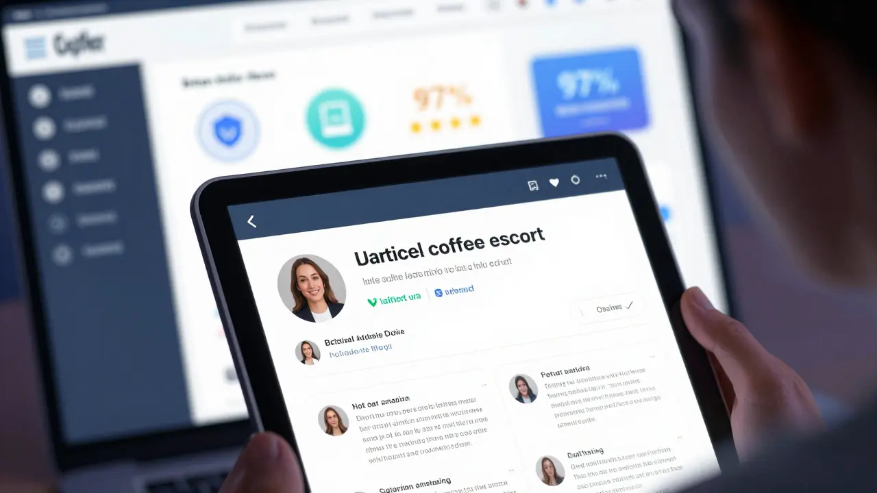 A detailed escort profile on a tablet showing verified social links and thoughtful client reviews.