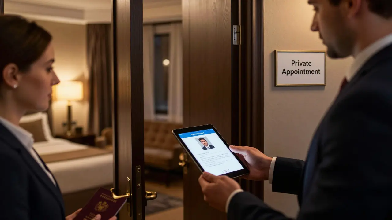 A formal ID verification process in a Berlin hotel suite, showing a verified companion profile on a tablet.