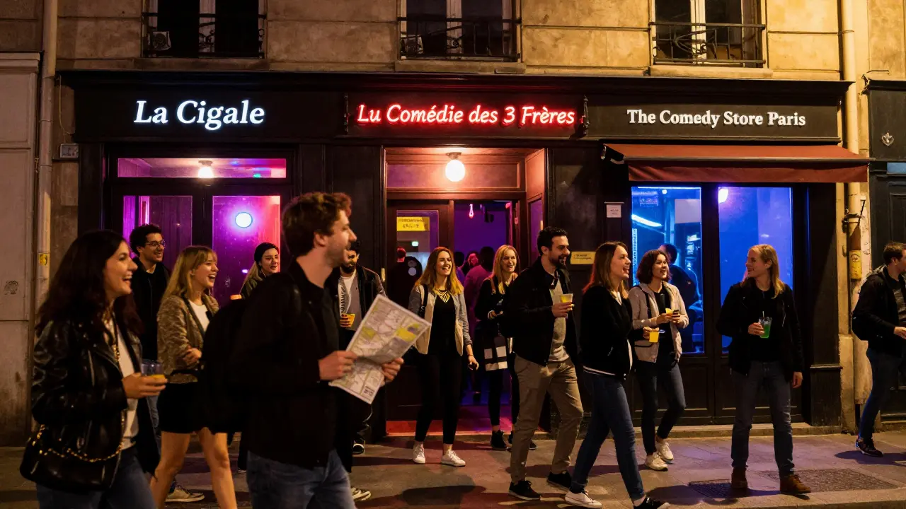 A group of people laughing and walking between three comedy venues during a nighttime comedy crawl in Paris.