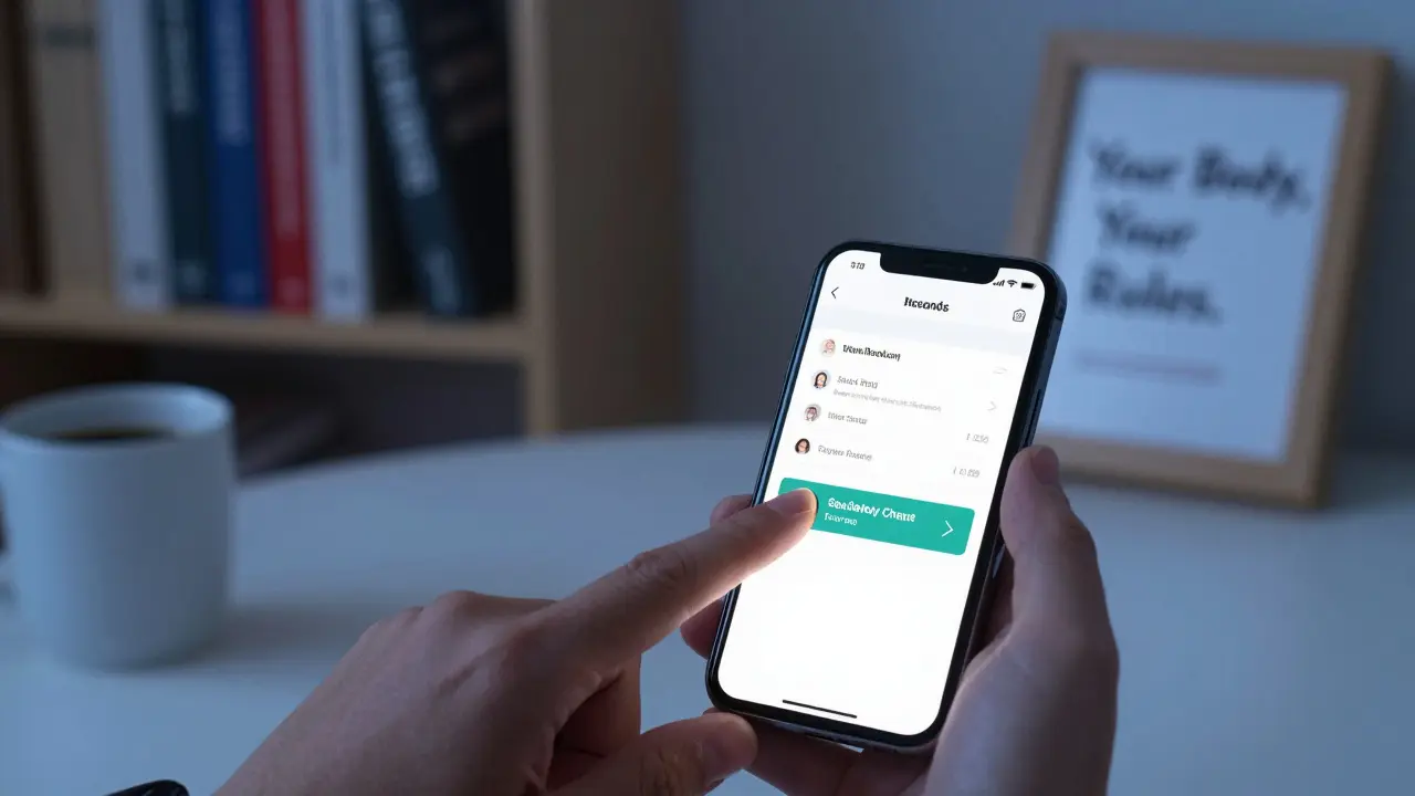 A hand activating a panic button beside a phone showing a verified client booking platform and safety check-in message from a peer network.