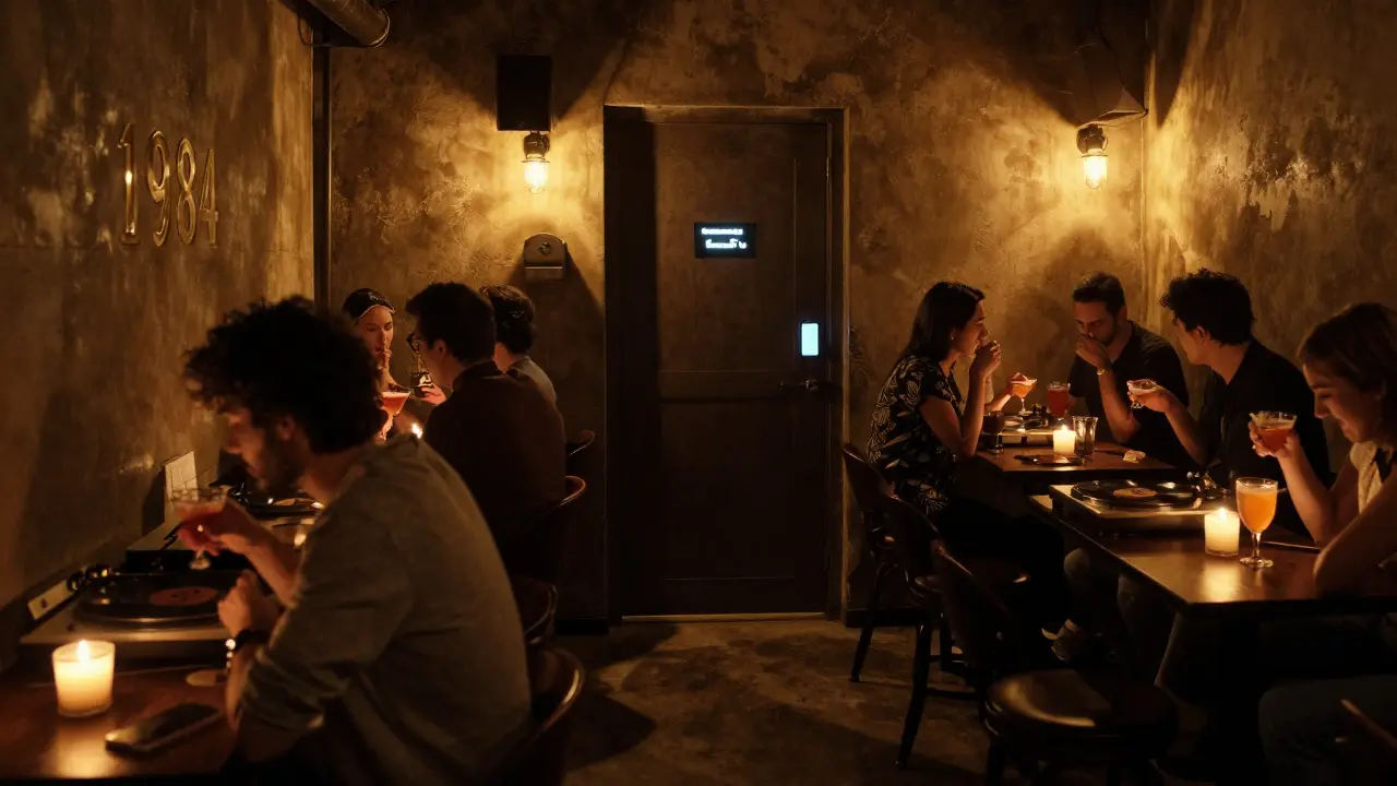 A hidden underground bar with dim lighting, vinyl records playing, and guests in casual clothes.